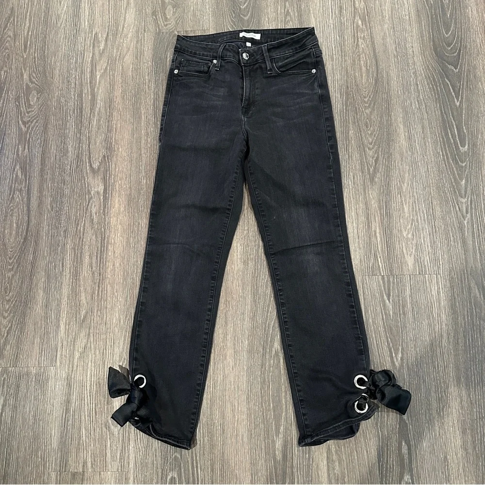 Good American Women’s High Rise Black Skinny Jeans Bow Details on Ankle sz 6/28